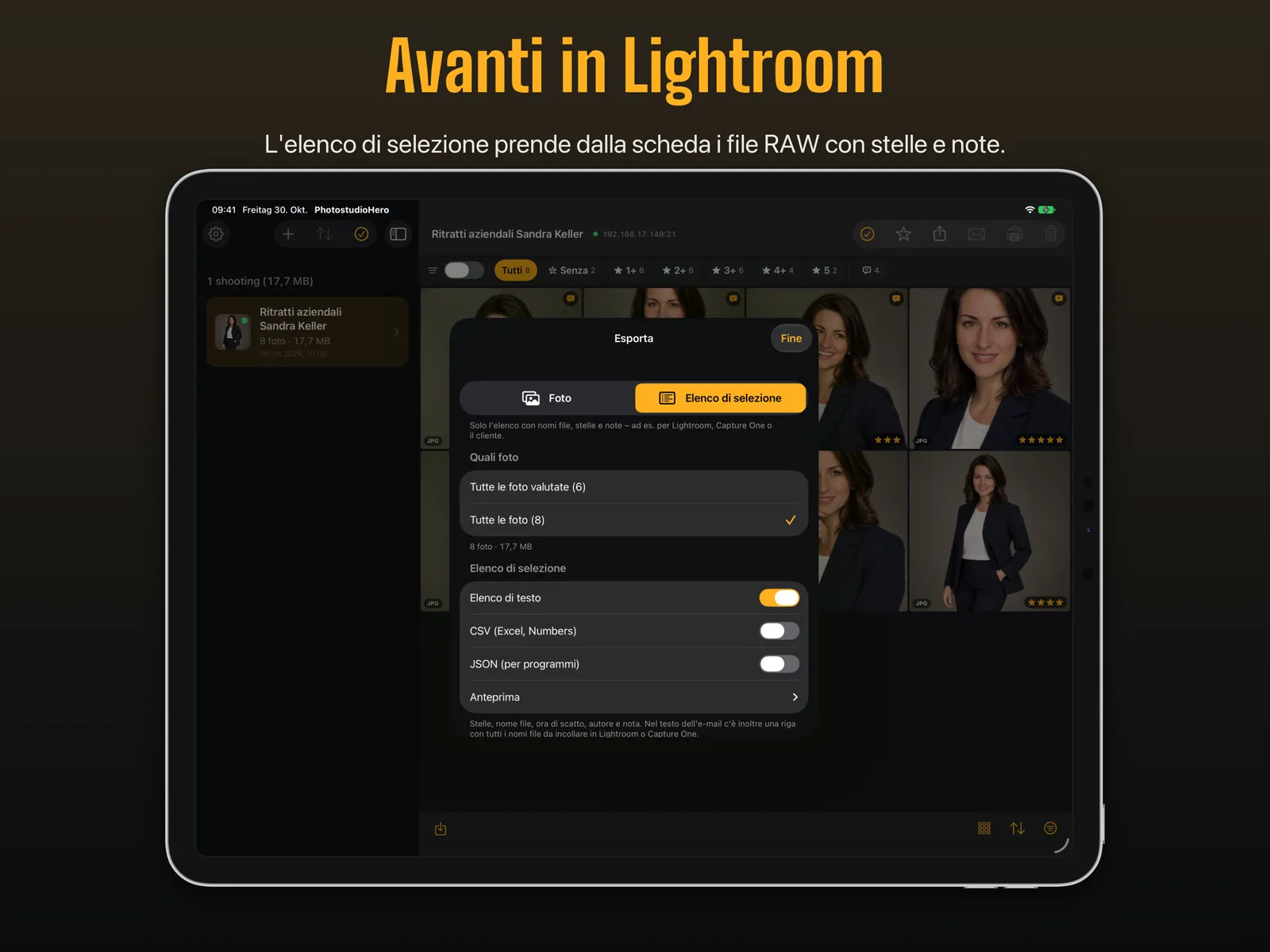 «Si prosegue in Lightroom»: esportazione dell’elenco di selezione su iPad, a scelta come elenco di testo, CSV o JSON