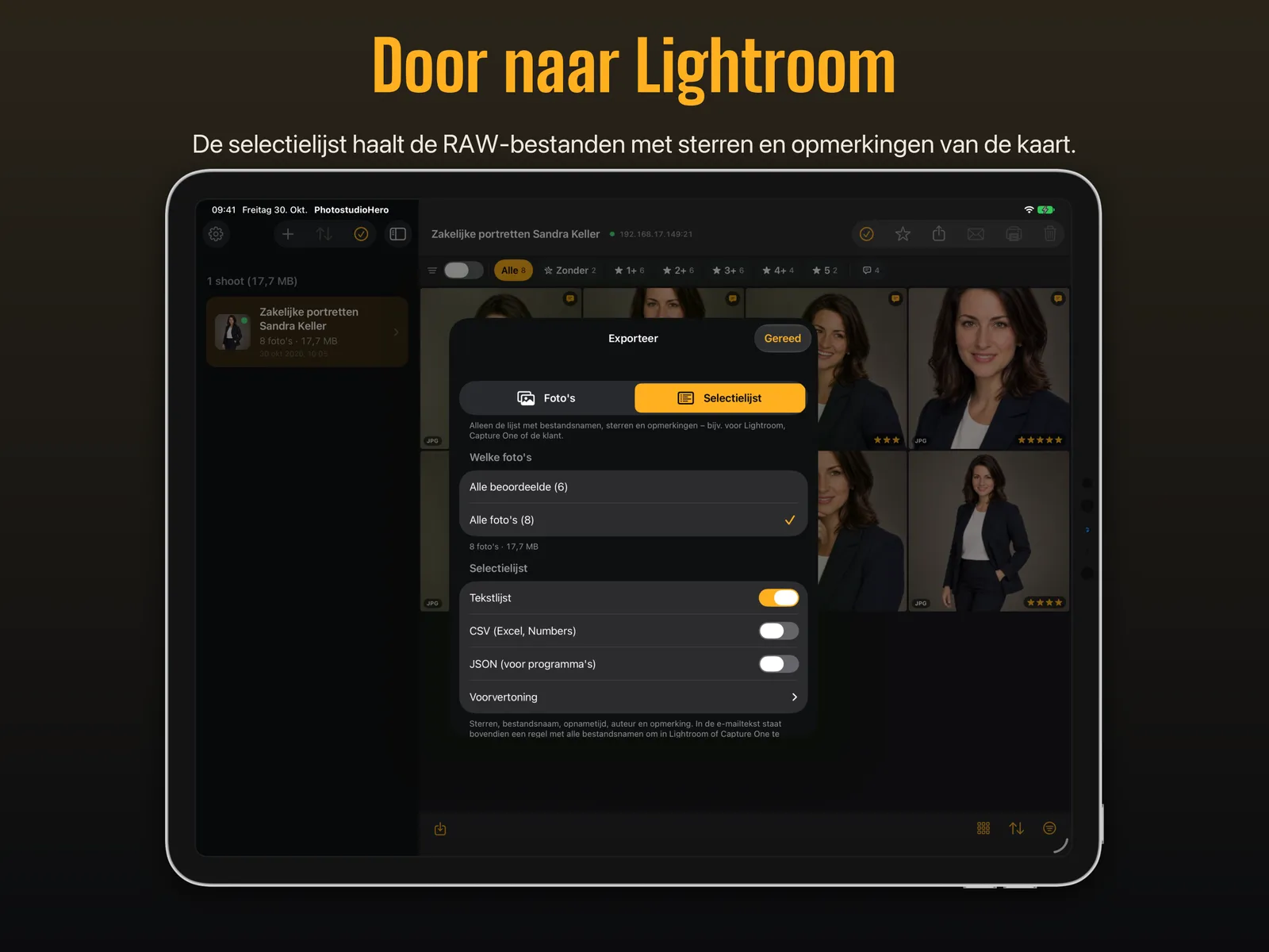 ‘Verder in Lightroom’: export van de selectielijst op de iPad, naar keuze als tekstlijst, CSV of JSON