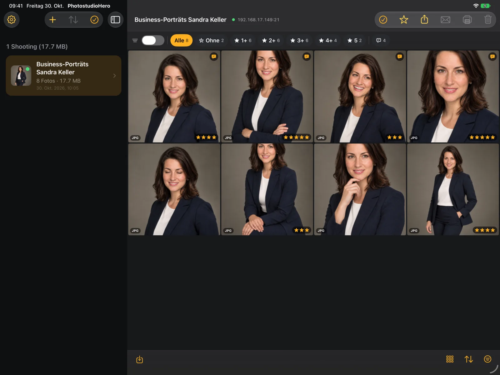 PhotostudioHero auf dem iPad: Raster eines Business-Shootings mit Sternebewertungen, Bemerkungssymbolen und der Filterleiste «Alle, Ohne, ab 1 bis 5 Sterne»
