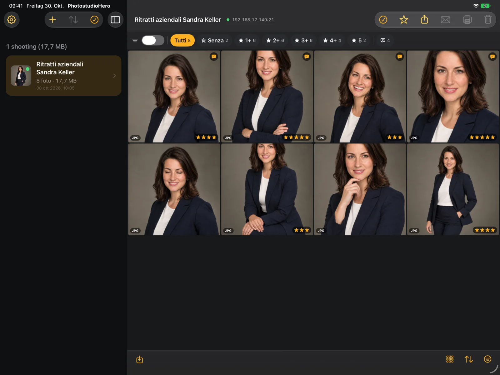 PhotostudioHero su iPad: griglia di uno shooting aziendale con valutazioni a stelle, icone delle note e la barra dei filtri «Tutte, Senza, da 1 a 5 stelle»